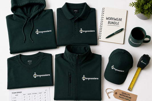 Flat lay of a branded workwear bundle including a polo shirt, hoodie, softshell jacket and T-shirt with embroidered company logos.